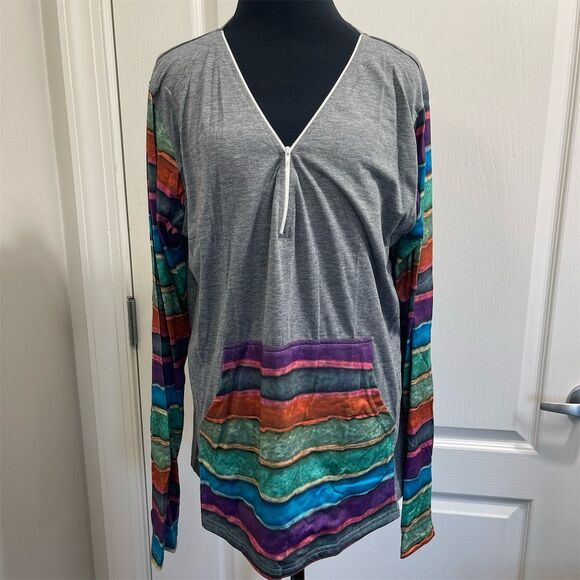 Tops - Women's XL Multicolor Striped V-Neck Long Sleeve T-Shirt Casual (#288)